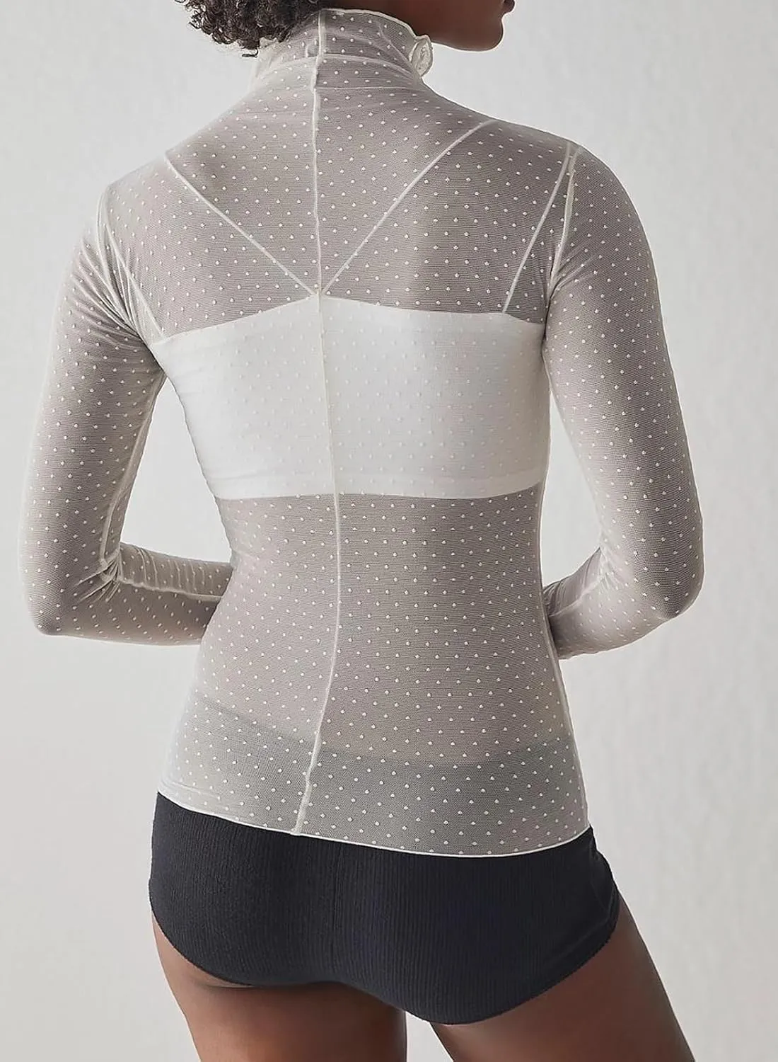 Womens Mesh Sheer Lace Laying Top Mock Neck Long Sleeve Polka Dot See Through Shirt Blouses Tops