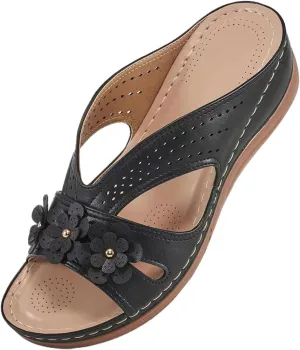 Women's Orthopedic Sandals with Arch Support Slip-On Wedge Heel Memory Foam Platform Non-Slip Beach Shoes Dressy Summer Comfort Sandals with Fashion Retro Floral