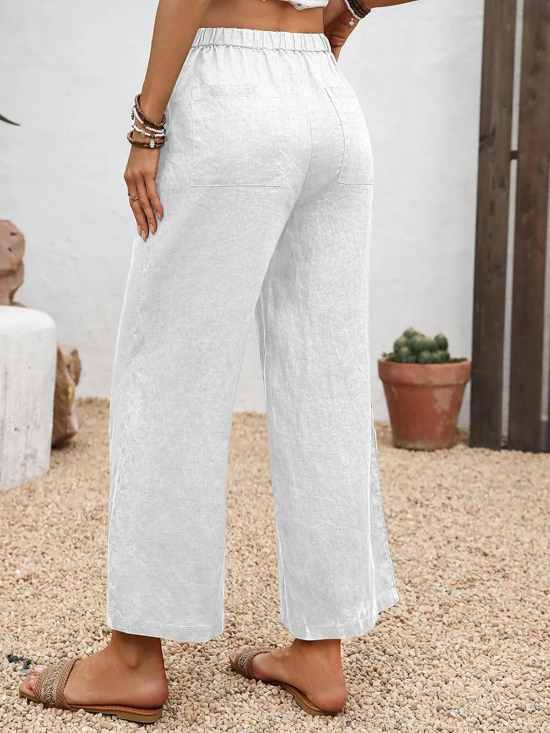 Women's Pure Linen Cropped Pants with 4 Pockets Capri Wide Leg Trousers 100% Linen Loose Fit