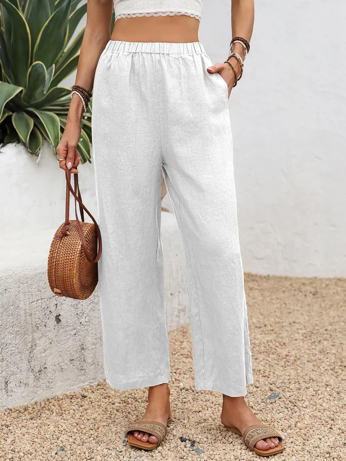 Women's Pure Linen Cropped Pants with 4 Pockets Capri Wide Leg Trousers 100% Linen Loose Fit