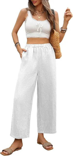 Women's Pure Linen Cropped Pants with 4 Pockets Capri Wide Leg Trousers 100% Linen Loose Fit