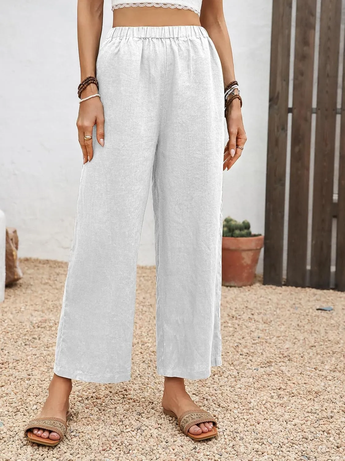 Women's Pure Linen Cropped Pants with 4 Pockets Capri Wide Leg Trousers 100% Linen Loose Fit