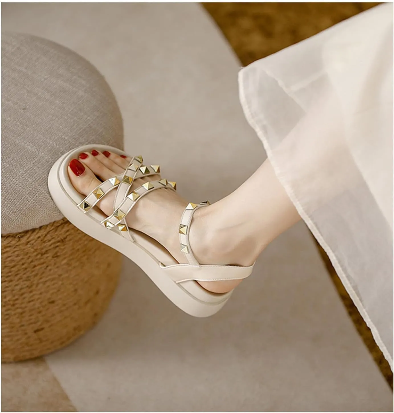 Women's Rivets Leather Platform Flat Sandals with Ankle Buckle Open Toe Comfort Soft Summer Sandals for Dress Party Casual Shoes