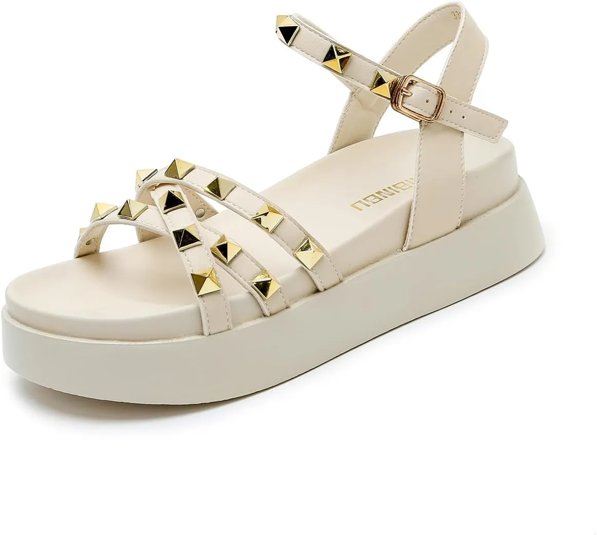 Women's Rivets Leather Platform Flat Sandals with Ankle Buckle Open Toe Comfort Soft Summer Sandals for Dress Party Casual Shoes