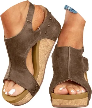Womens Sandals Wedge Thick Bottom Studded Comfort Slope Sandals Women Summer Fashion Peep Toe Slip On Slide Slippers