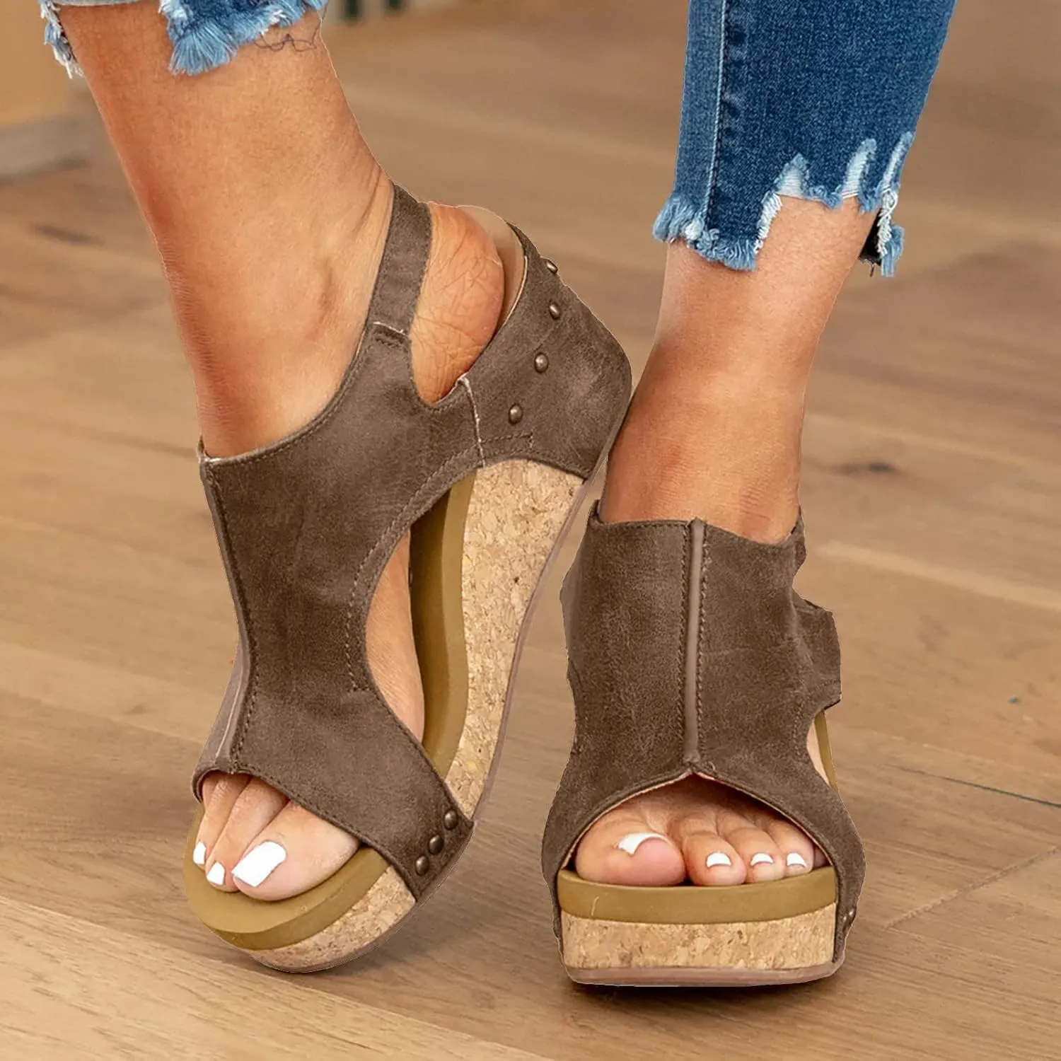 Womens Sandals Wedge Thick Bottom Studded Comfort Slope Sandals Women Summer Fashion Peep Toe Slip On Slide Slippers