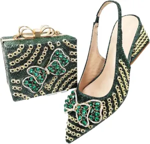 Women’S Shoes and Bag Set Peep Toe Thin Heel Low Wedge Pumps with Charm Decorations for Wedding