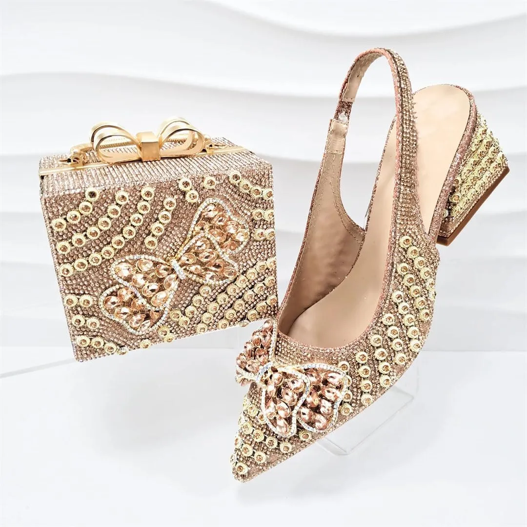 Women’S Shoes and Bag Set Peep Toe Thin Heel Low Wedge Pumps with Charm Decorations for Wedding