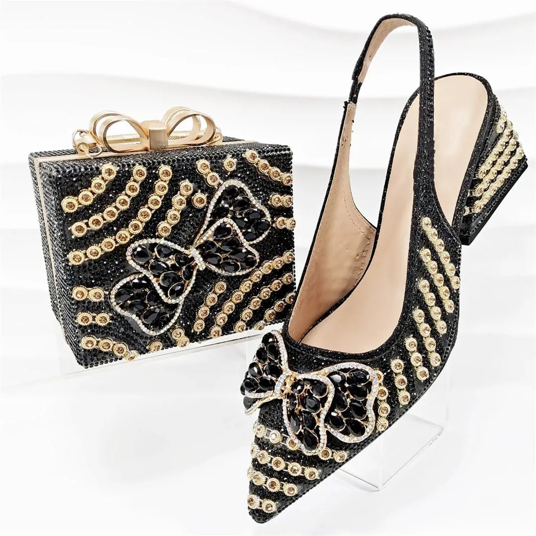 Women’S Shoes and Bag Set Peep Toe Thin Heel Low Wedge Pumps with Charm Decorations for Wedding
