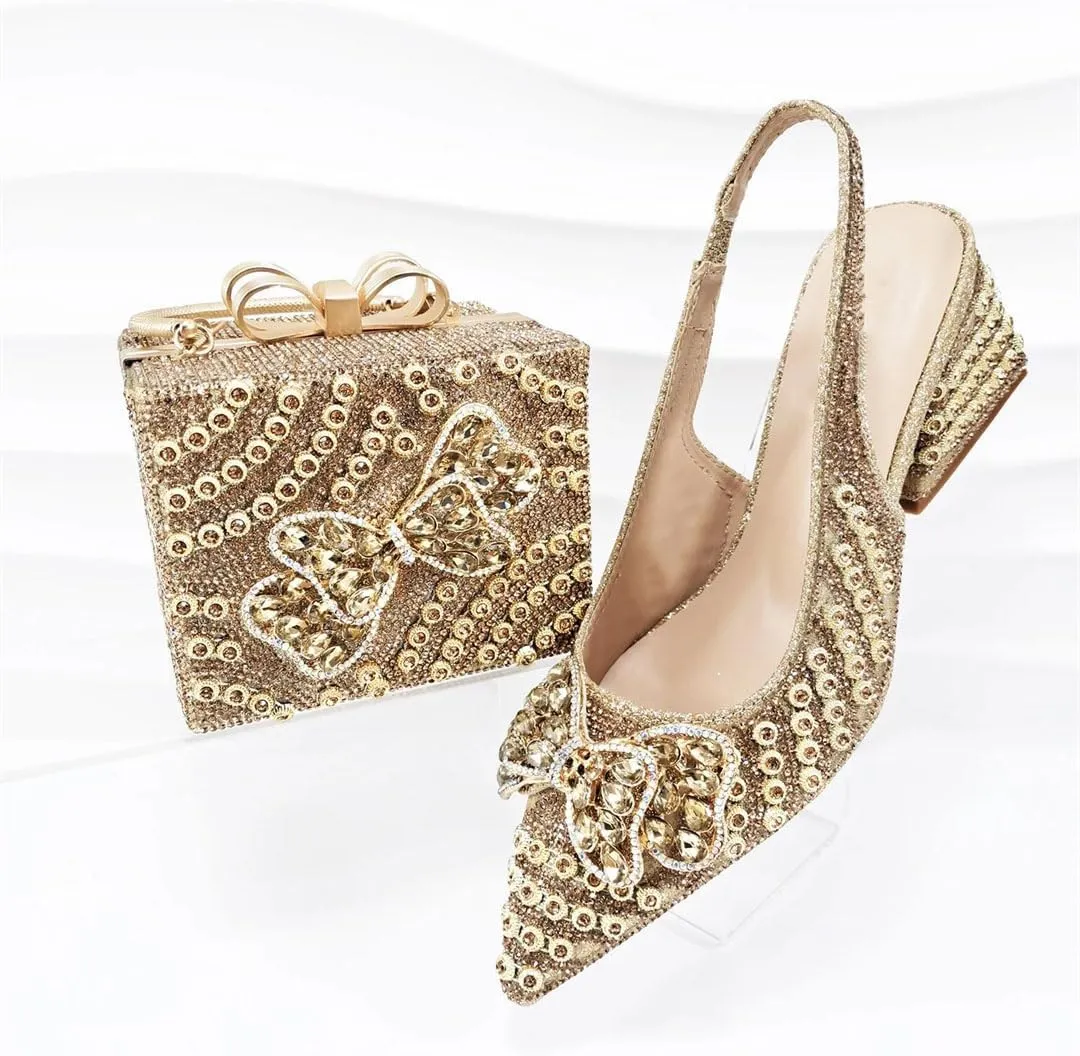 Women’S Shoes and Bag Set Peep Toe Thin Heel Low Wedge Pumps with Charm Decorations for Wedding