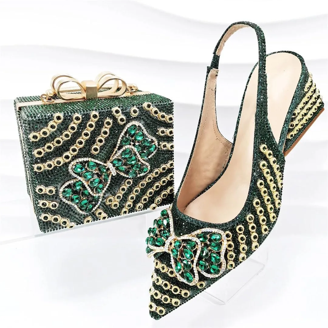 Women’S Shoes and Bag Set Peep Toe Thin Heel Low Wedge Pumps with Charm Decorations for Wedding