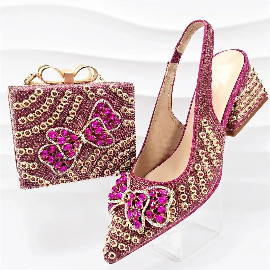Women’S Shoes and Bag Set Peep Toe Thin Heel Low Wedge Pumps with Charm Decorations for Wedding