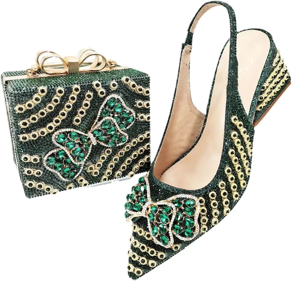 Women’S Shoes and Bag Set Peep Toe Thin Heel Low Wedge Pumps with Charm Decorations for Wedding