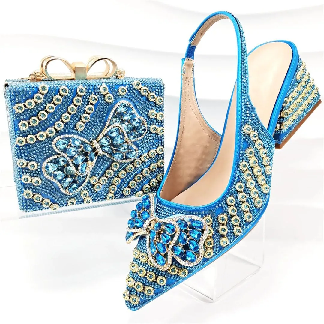 Women’S Shoes and Bag Set Peep Toe Thin Heel Low Wedge Pumps with Charm Decorations for Wedding