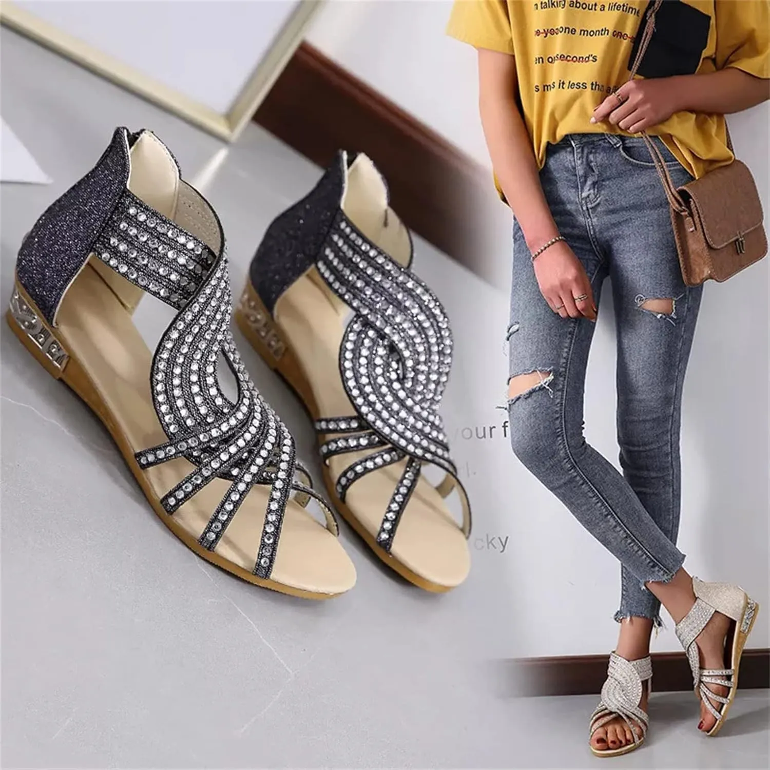 Women's Sling Wedge Sandal Ankle T Strap Fish Mouth Ladies's Bold Buckles Studded Wedge Sandal Beach Shoes Strappy Open Toe Platform Wedges Heeled Sandals Shoes for Women,Black,US8/EU40