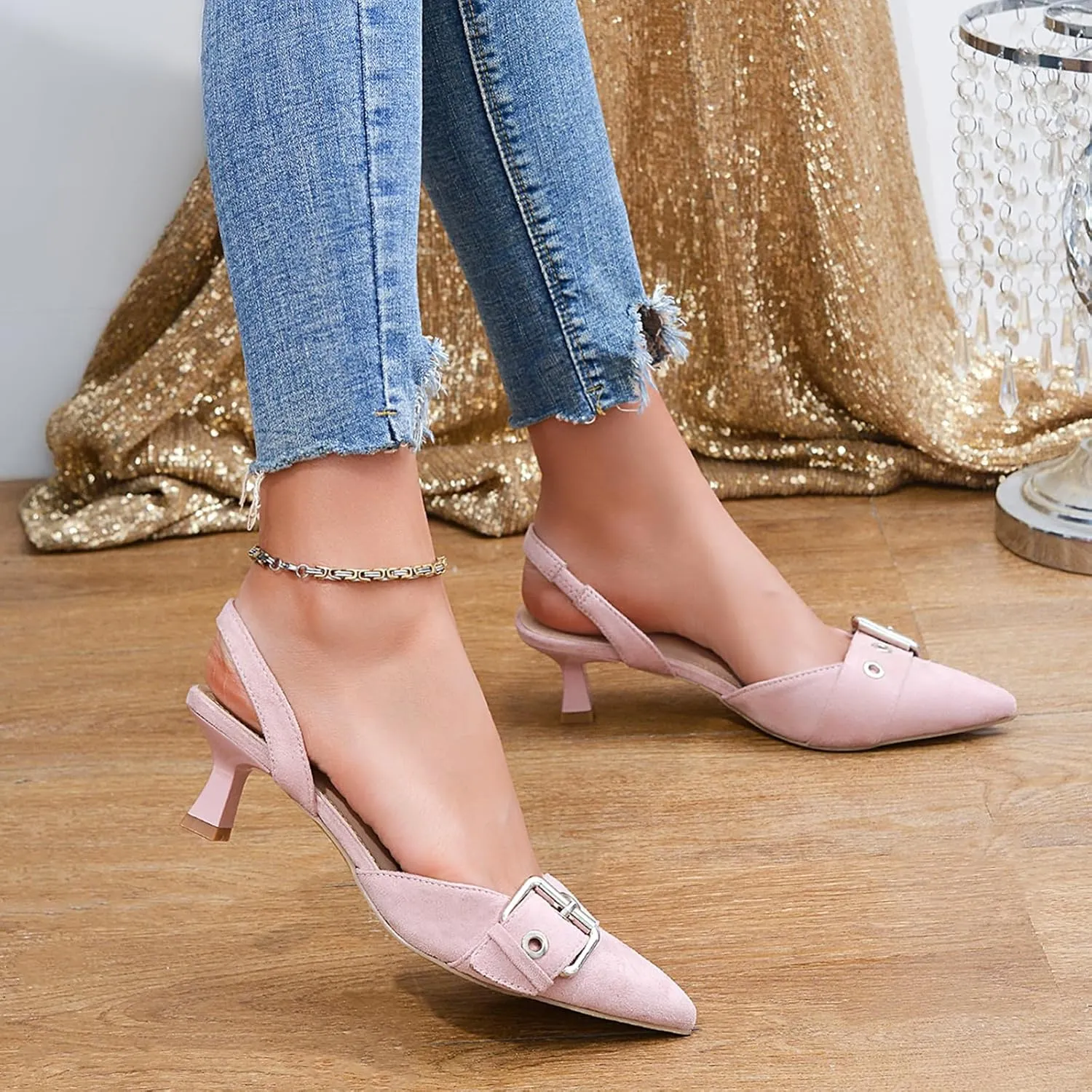 Women's Slingback Kitten Heels 2.3IN Pointed Toe Low Heel Pumps Buckle Closed Toe Formal Party Wedding Dress Pump Shoes