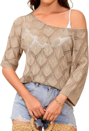 Womens Spring Summer Off Shoulder Sweaters Scoop Neck Crochet Tops Hollow Out 3/4 Sleeve Pullover Sweater Shirts