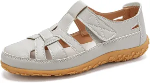Women's Summer Leather Fisherman Sandals Casual Soft Bottom Hollow Out Non Slip Closed Round Toe Adjustable Hook Walking Sandals Lightweight Comfortable Beach Shoes