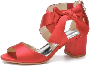 Womens Wedding Shoes Women's Low Block Heel Sandals Satin Bridal Chunky Ankle Strap Zipper Wedding Dress Shoes Low Heel Pump(Red,10)