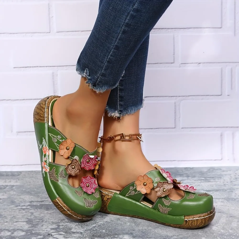Women's Wedge Mule Shoes, Flower Decor Cut-Out Floral Print Slide Sandals, Tribal Style Slip On Shoes