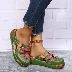 Women's Wedge Mule Shoes, Flower Decor Cut-Out Floral Print Slide Sandals, Tribal Style Slip On Shoes