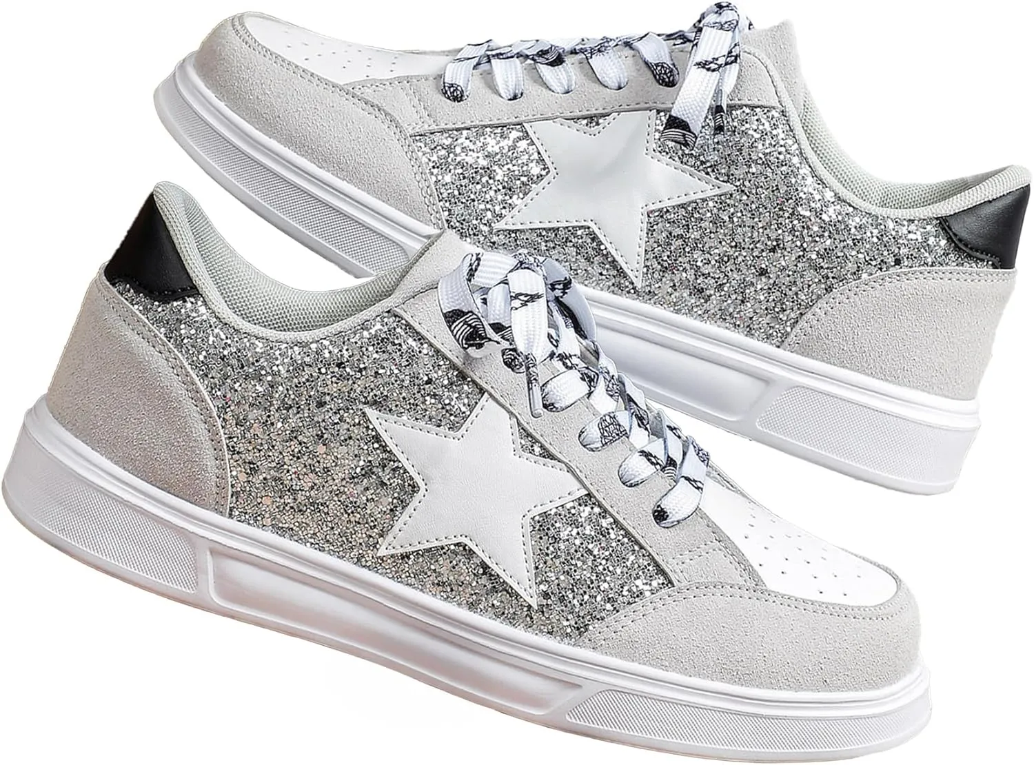 Women's Y2K Star Glitter Chunky Skate Shoes Retro Platform Sneakers, Shiny Outdoor Casual Shoes for Streetwear (Grey,8)
