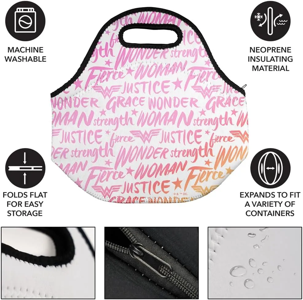 Wonder Woman Words of Wisdom Soft Neoprene Lunch Bag, Lightweight, Insulated, Reusable for School, Work, Office