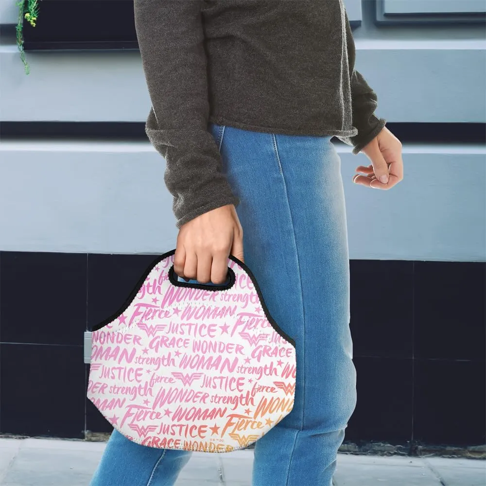 Wonder Woman Words of Wisdom Soft Neoprene Lunch Bag, Lightweight, Insulated, Reusable for School, Work, Office