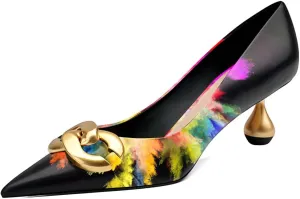 XYD Low Heel Closed Pointed Toe Pumps with Metal Chain Solid Golden Heeled Shoes for Women Slip On Professional Lady Formal