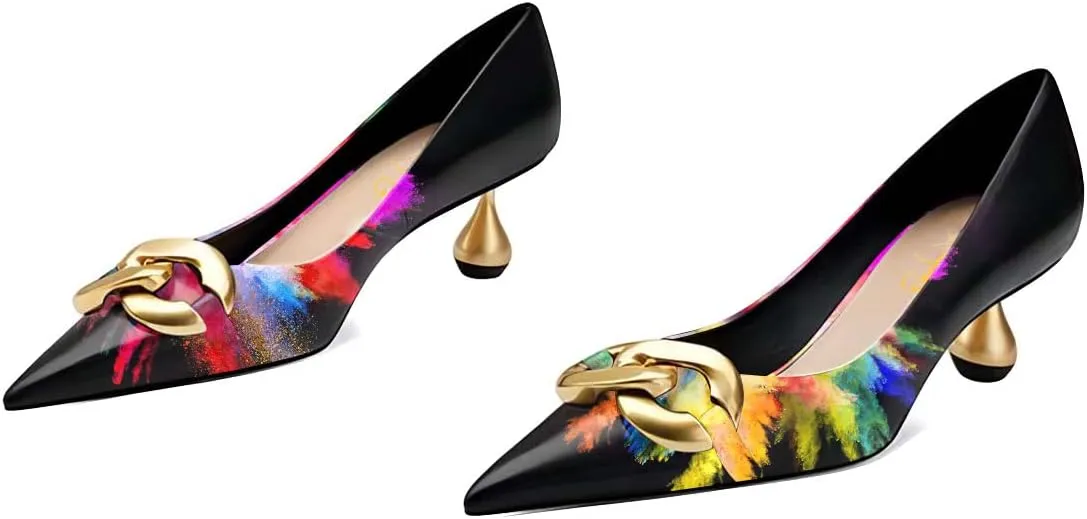 XYD Low Heel Closed Pointed Toe Pumps with Metal Chain Solid Golden Heeled Shoes for Women Slip On Professional Lady Formal