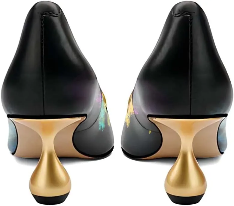 XYD Low Heel Closed Pointed Toe Pumps with Metal Chain Solid Golden Heeled Shoes for Women Slip On Professional Lady Formal