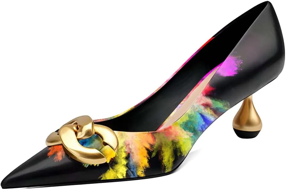 XYD Low Heel Closed Pointed Toe Pumps with Metal Chain Solid Golden Heeled Shoes for Women Slip On Professional Lady Formal