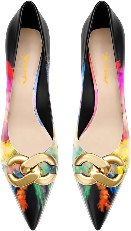 XYD Low Heel Closed Pointed Toe Pumps with Metal Chain Solid Golden Heeled Shoes for Women Slip On Professional Lady Formal