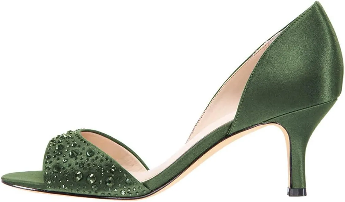 XYD Women Peep Toe Rhinestones Crystals D'Orsay Sandals Sexy Kitten Mid Heel Slip On Evening Wedding Party Graceful Satin Shoes