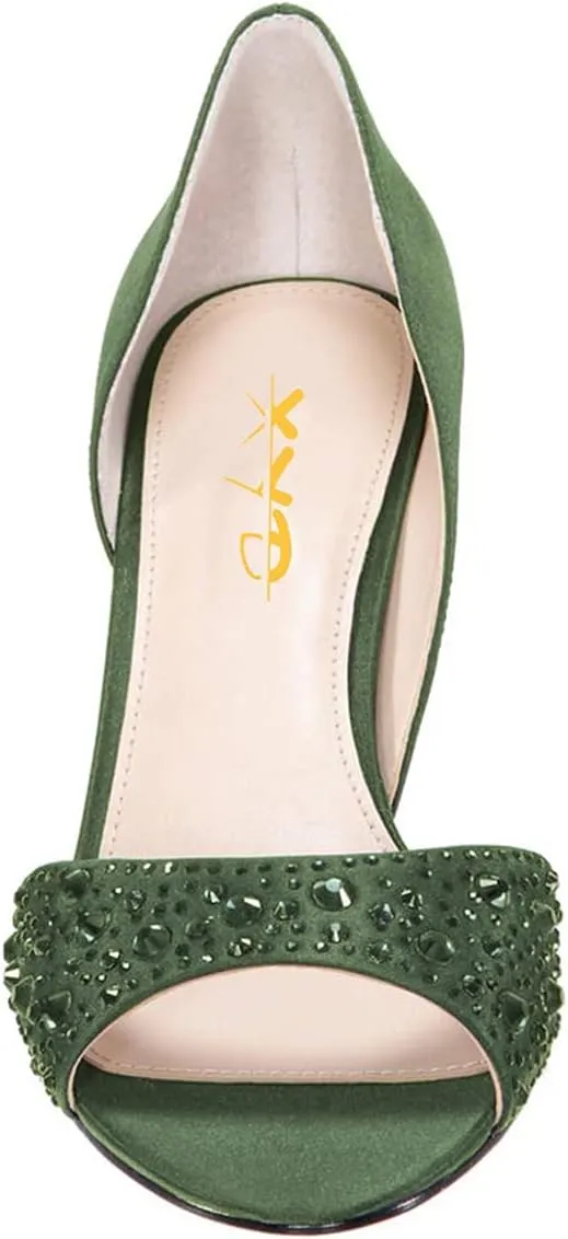 XYD Women Peep Toe Rhinestones Crystals D'Orsay Sandals Sexy Kitten Mid Heel Slip On Evening Wedding Party Graceful Satin Shoes