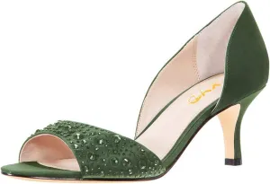 XYD Women Peep Toe Rhinestones Crystals D'Orsay Sandals Sexy Kitten Mid Heel Slip On Evening Wedding Party Graceful Satin Shoes