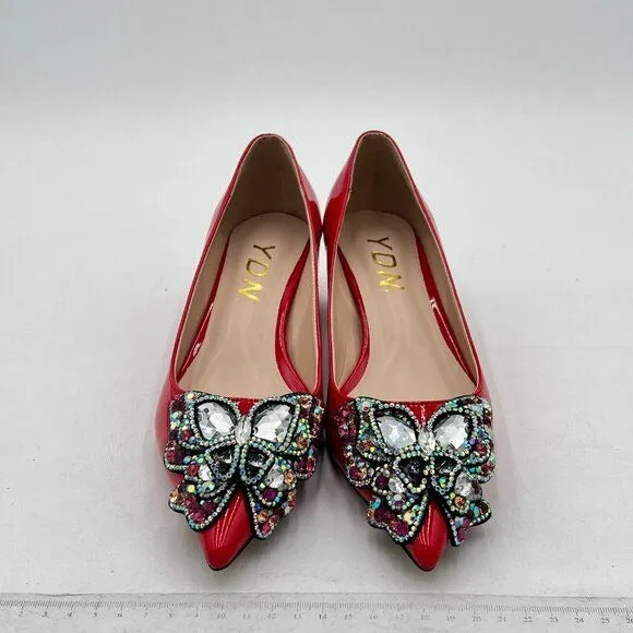 YDN Women Pointed Toe Bow Pump Colorful Rhinestone Block Low Heel Butterfly Slip