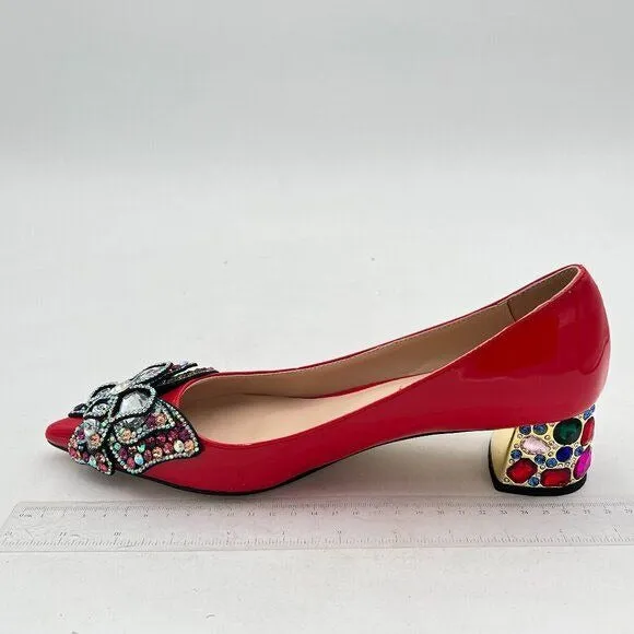YDN Women Pointed Toe Bow Pump Colorful Rhinestone Block Low Heel Butterfly Slip
