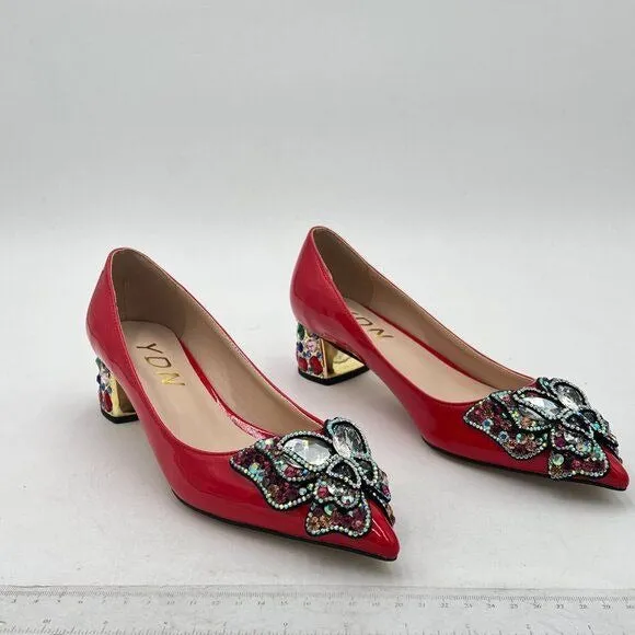 YDN Women Pointed Toe Bow Pump Colorful Rhinestone Block Low Heel Butterfly Slip