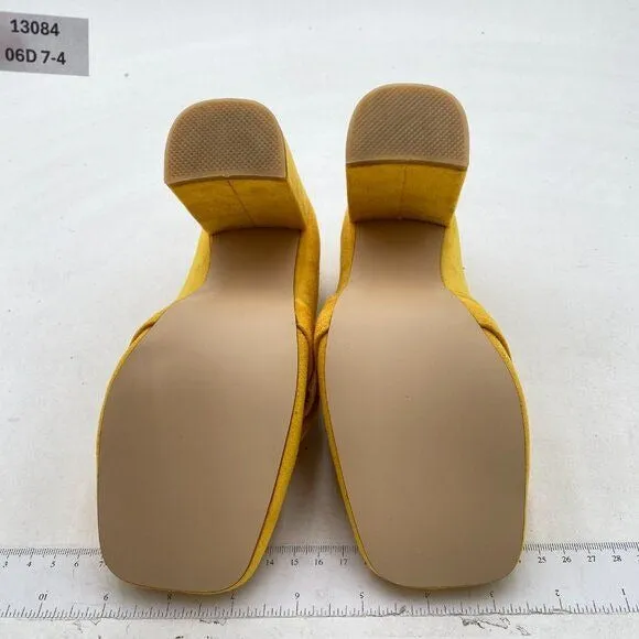 YDN Yellow Chunky High Heels Square Toe Loafer Shoes Slip On Suede Office Pumps
