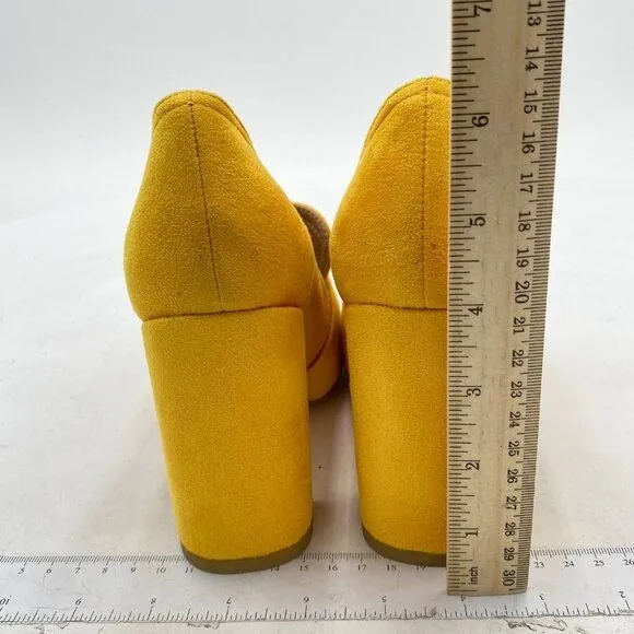 YDN Yellow Chunky High Heels Square Toe Loafer Shoes Slip On Suede Office Pumps