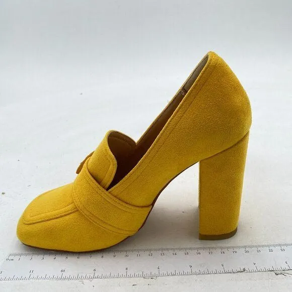 YDN Yellow Chunky High Heels Square Toe Loafer Shoes Slip On Suede Office Pumps