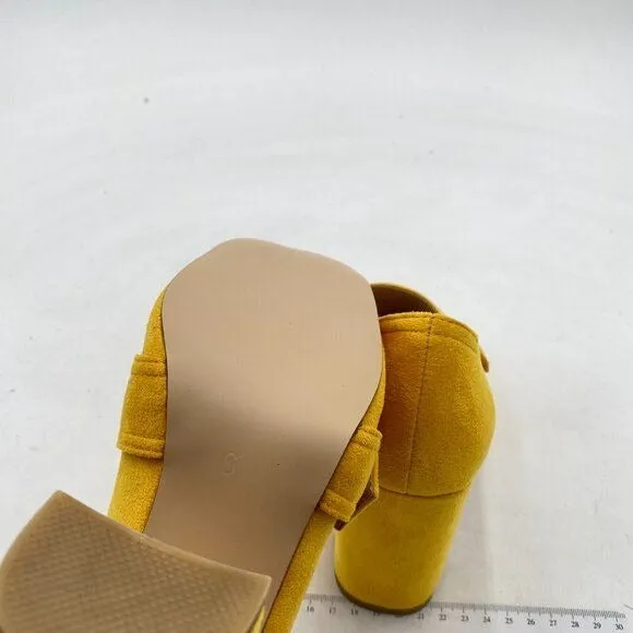 YDN Yellow Chunky High Heels Square Toe Loafer Shoes Slip On Suede Office Pumps