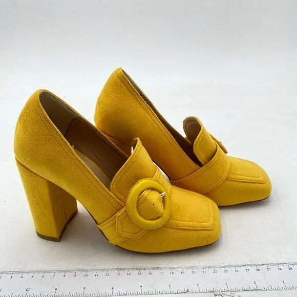 YDN Yellow Chunky High Heels Square Toe Loafer Shoes Slip On Suede Office Pumps