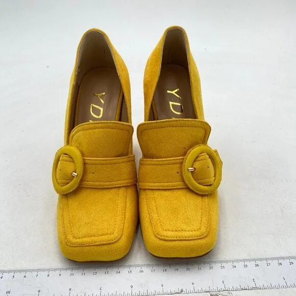YDN Yellow Chunky High Heels Square Toe Loafer Shoes Slip On Suede Office Pumps