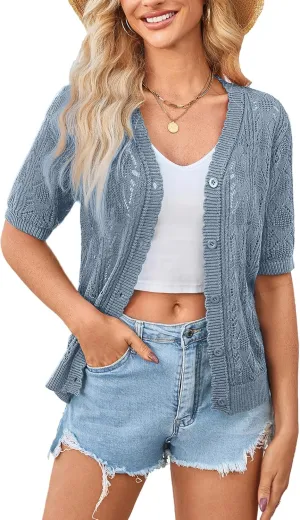 Yekaty Womens 2025 Short Sleeve Crochet Summer Cardigan Cropped Button Sweater Lightweight Shrug for Dress