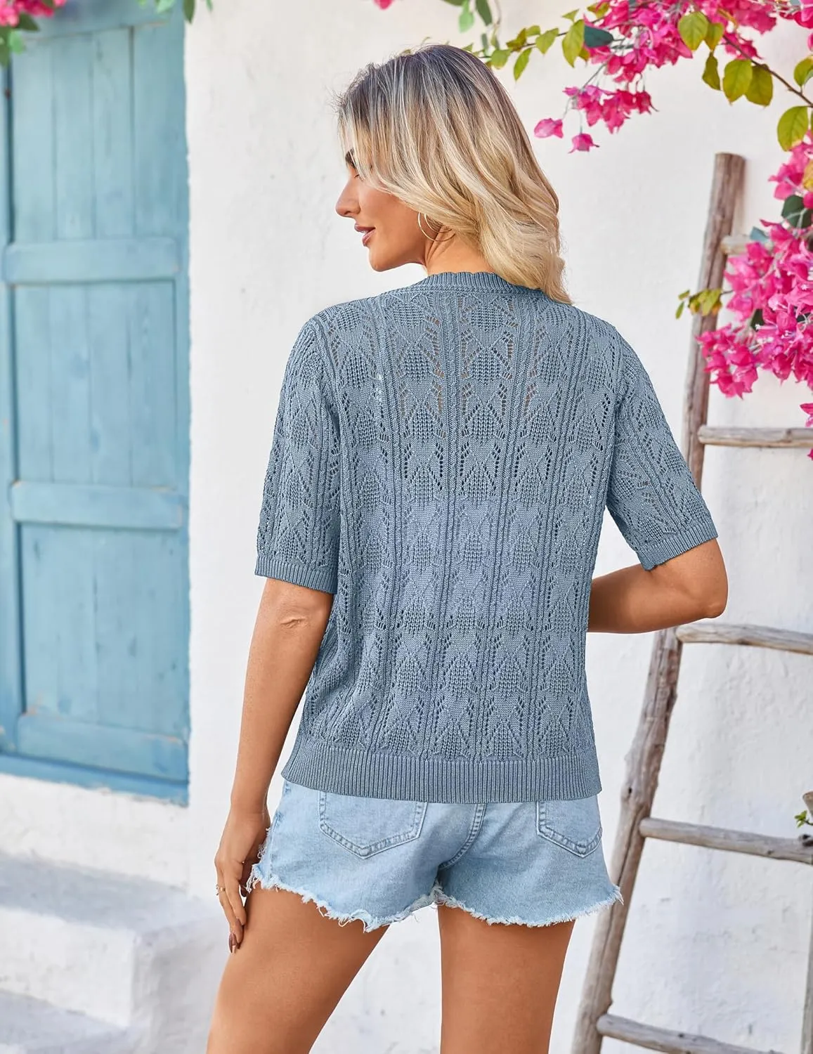 Yekaty Womens 2025 Short Sleeve Crochet Summer Cardigan Cropped Button Sweater Lightweight Shrug for Dress