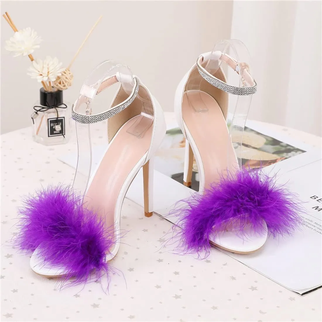 YIBLBOX Women's Open Toe Sandal Fluffy Feather Ankle Strap High Heel Shoes with Rhinestone