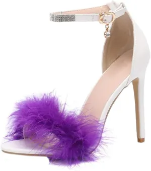 YIBLBOX Women's Open Toe Sandal Fluffy Feather Ankle Strap High Heel Shoes with Rhinestone