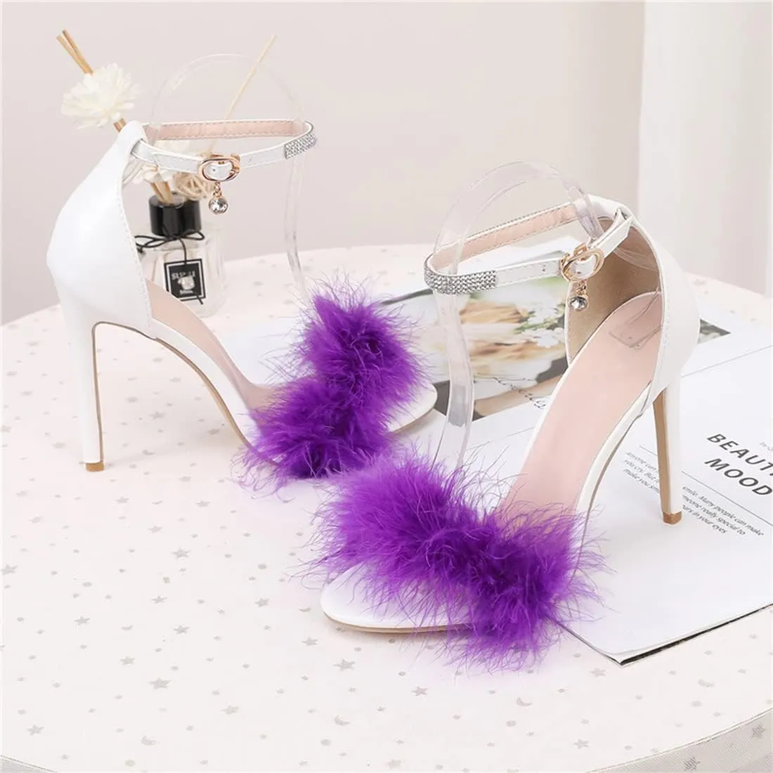 YIBLBOX Women's Open Toe Sandal Fluffy Feather Ankle Strap High Heel Shoes with Rhinestone